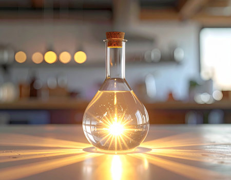Aromatherapy oil in a glass flask on the table in the kitchenの素材