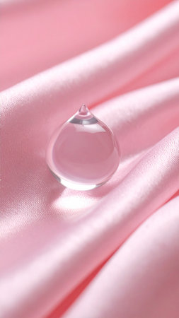 Transparent drop of water on pink satin background, closeupの素材
