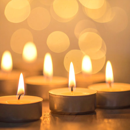 Burning candles on a wooden table with bokeh background.の素材