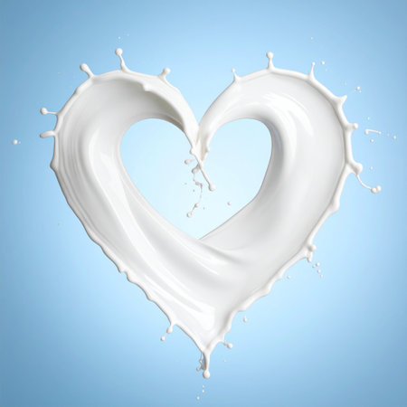 Milk splash in the shape of a heart, isolated on blue backgroundの素材