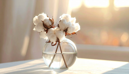 Cotton flowers in glass vase on wooden table, closeupの素材