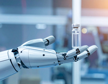 Robot hand holding ampoule with vaccine in the laboratory.の素材