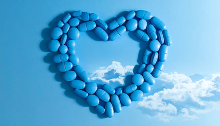 Heart shape made of pills on blue sky background. Health care concept.の素材