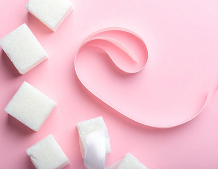 Sugar cubes and heart shaped cookie cutter on pink background, top viewの素材