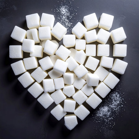 White sugar cubes in the shape of a heart on a black backgroundの素材