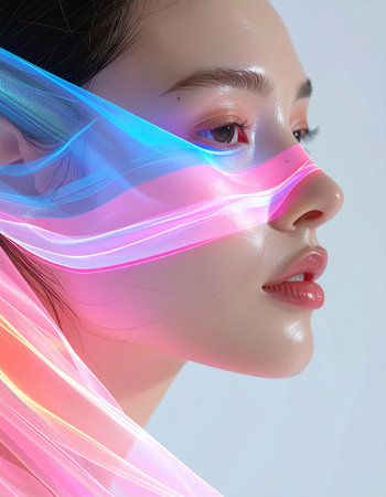 3d rendering of a female face with pink and blue abstract hairの素材