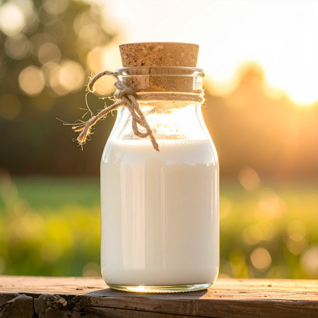 Milk in a glass bottle on a wooden table in the fieldの素材
