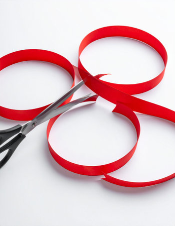 Scissors cutting red ribbon on white background. Shallow DOFの素材