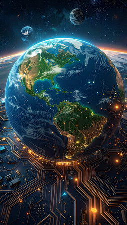 Circuit board and planet Earth. Elements of this image furnished by NASAの素材