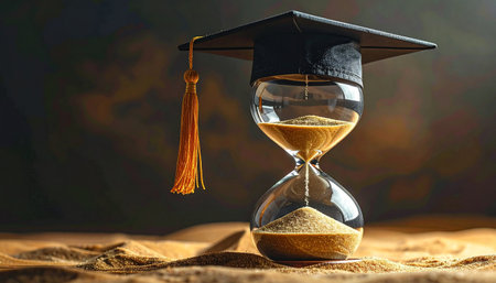 Hourglass with graduation hat on sand background. Concept of time passing.の素材