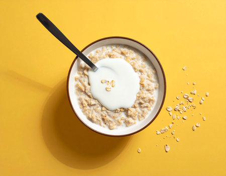 Oatmeal with milk in a bowl and spoon on yellow background, top viewの素材