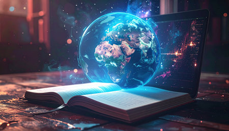 Opened book with globe hologram on wooden table. 3D renderingの素材