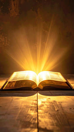 Open book on a wooden table with rays of light coming from aboveの素材