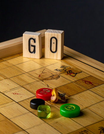 Close-up of wooden cubes with the word GO and red and green chips on a black backgroundの素材