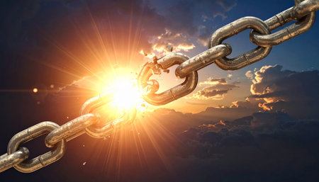 Conceptual image of broken chain against cloudy sky with sun raysの素材