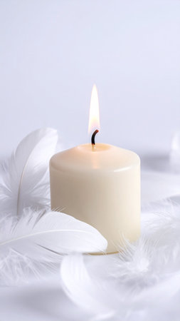 Candle and white feathers on white background, closeup. Space for textの素材