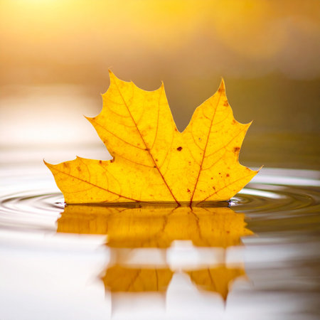 Yellow maple leaf on the water surface with ripples. Autumn backgroundの素材