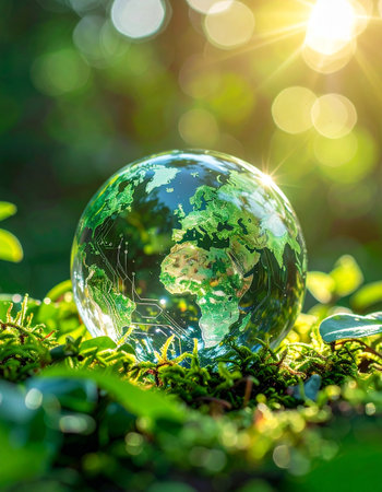 Globe in the green grass with bokeh background. Global warming conceptの素材