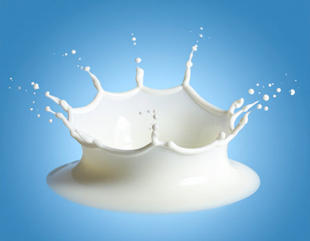 Milk splash isolated on blue background. 3d render illustration.の素材