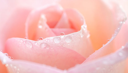 close up of pink and white rose petals with water dropletsの素材