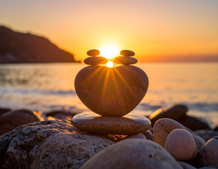 Zen stones on the beach at sunset. Concept of harmony and balanceの素材