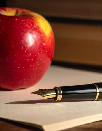 Fountain pen and apple on a wooden table with copyspaceの素材