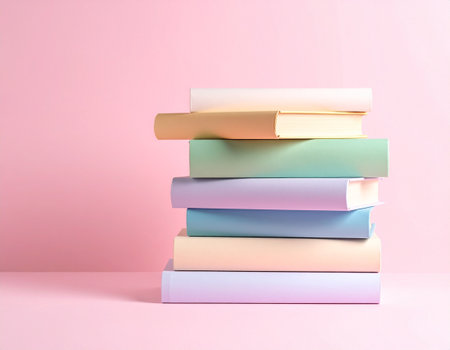 Stack of colorful books on pink background. Back to school concept.の素材