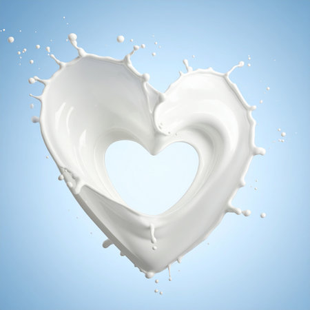 Milk splash in shape of heart on blue background. 3d renderingの素材