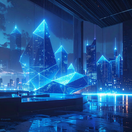 Abstract polygonal cityscape with glowing buildings on the background. 3D Renderingの素材