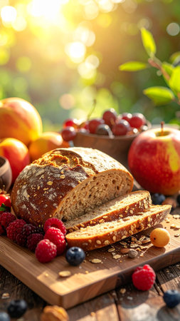 Healthy breakfast with fresh fruits and bread on wooden table in gardenの素材