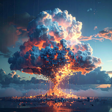 Big explosion with cloud in the sky. 3d render illustration.の素材