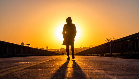 Silhouette of a woman running on the bridge at sunset.の素材