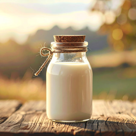 Milk in a glass bottle on a wooden table in the countrysideの素材