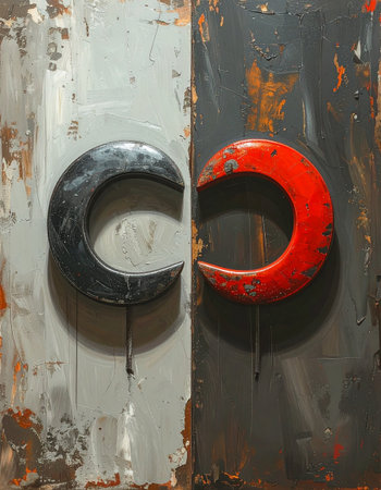 Rusty metal door with two red rings on it, horizontal aspectの素材