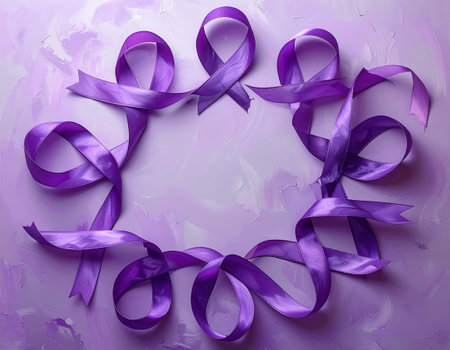 Purple ribbons on a purple background. Place for text.の素材