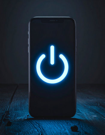 Smartphone with power button on dark blue wooden background. Technology conceptの素材