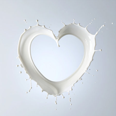 Milk splash with heart shape isolated on white background, clipping path includedの素材