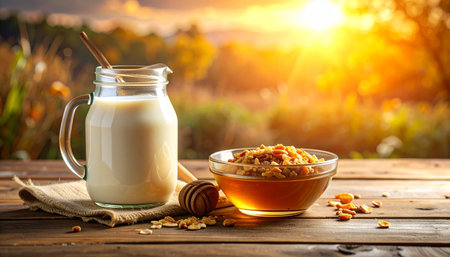 Healthy breakfast with muesli and milk on a wooden tableの素材