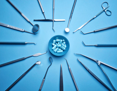 Dental tools and a bowl of pills on a blue background.の素材