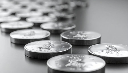 Japanese yen coins on a gray background. Monochrome photo.の素材