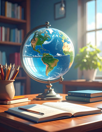 Globe and books on the table in the library. 3d renderingの素材