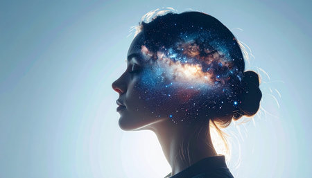 Side view of young woman with planet in her head. Mixed mediaの素材