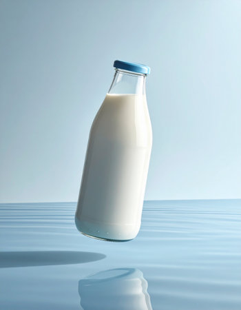 Milk bottle on blue background, 3d render. Dairy productの素材