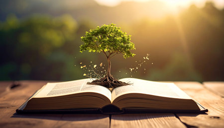 Tree growing from an open book on a wooden table with sunlight.の素材