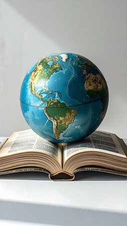 Globe and open book on the table. World book day conceptの素材
