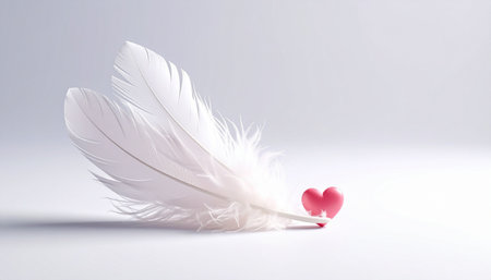 White feather with red heart on white background. Valentines day conceptの素材