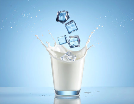 Milk splashing out of a glass with ice cubes on blue backgroundの素材