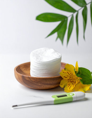 Cotton swabs in a wooden bowl, thermometer and flowerの素材