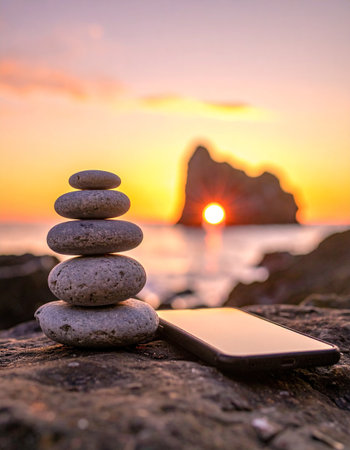 Pile of zen stones and smartphone on the beach at sunsetの素材