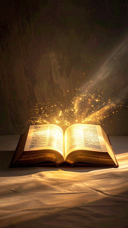 Open book with beam of light coming from the pages on a dark backgroundの素材